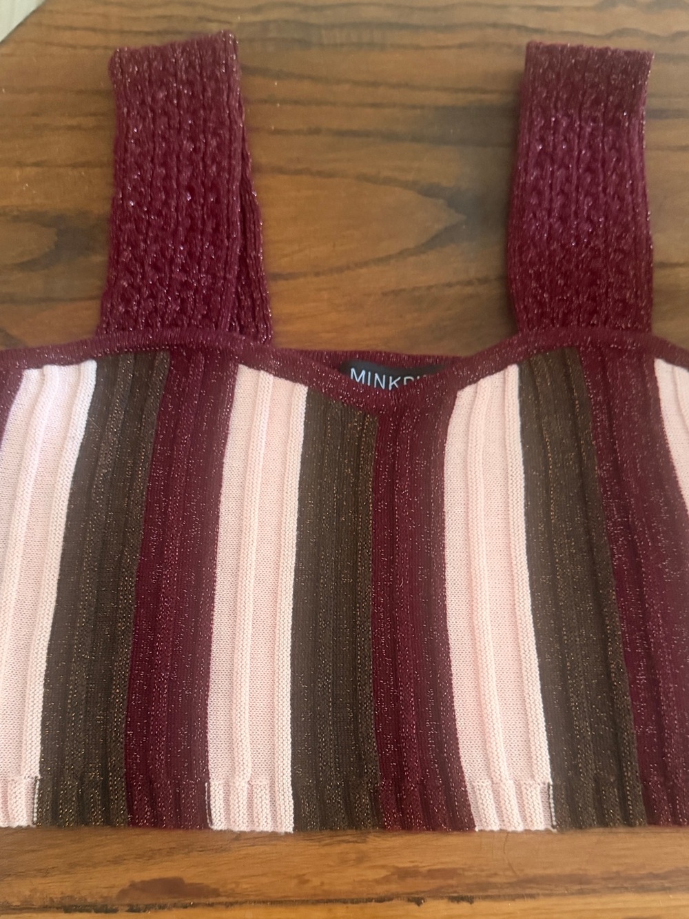 MINKPINK Ribbed Striped Crop Tank in Burgundy, Blush Pink & Brown